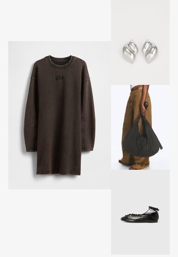 Braunes oversized Sweatshirt-Kleid aus weichem Material mit Rundhalsausschnitt und besticktem "GAP"-Logo auf der Brust.; Schwarze Ballerinas aus Lackleder mit runder Spitze, Schnürdesign und flacher Sohle. Glatte Textur mit minimaler Verzierung.; Person trägt braune weite Hose und weißes Oberteil und hält eine große schwarze weiche Handtasche an der Seite am Trageriemen.; Silberne Ohrringe mit einer organischen, abstrakten Form. Glatte, glänzende Oberfläche mit einem konischen Design. Mit dezenten Kurven und einem zentralen Linienelement.
