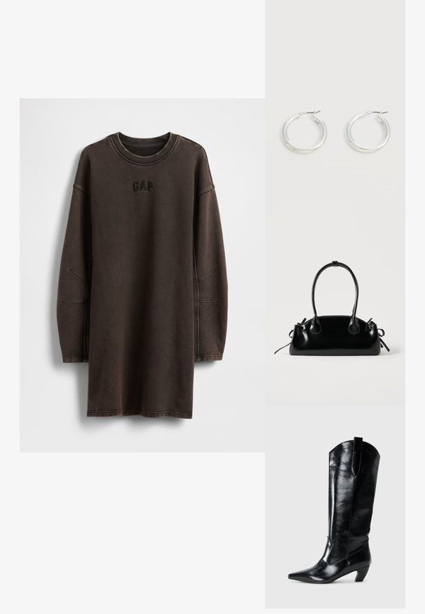 Brun oversized sweatshirt-kjole lavet af blødt materiale, med rund halsudskæring og broderet "GAP"-logo på brystet.; Sorte læderknæhøje støvler med spids tå, lav hæl og dekorative syninger på siderne. Glat, blank overflade.; Lille sort blank håndtaske med to lange håndtag og snøre-detaljer i siden på en ensfarvet lys baggrund.; Par mellemstore skinnende sølv hoops øreringe med tynde metal spænder på en lys neutral baggrund.