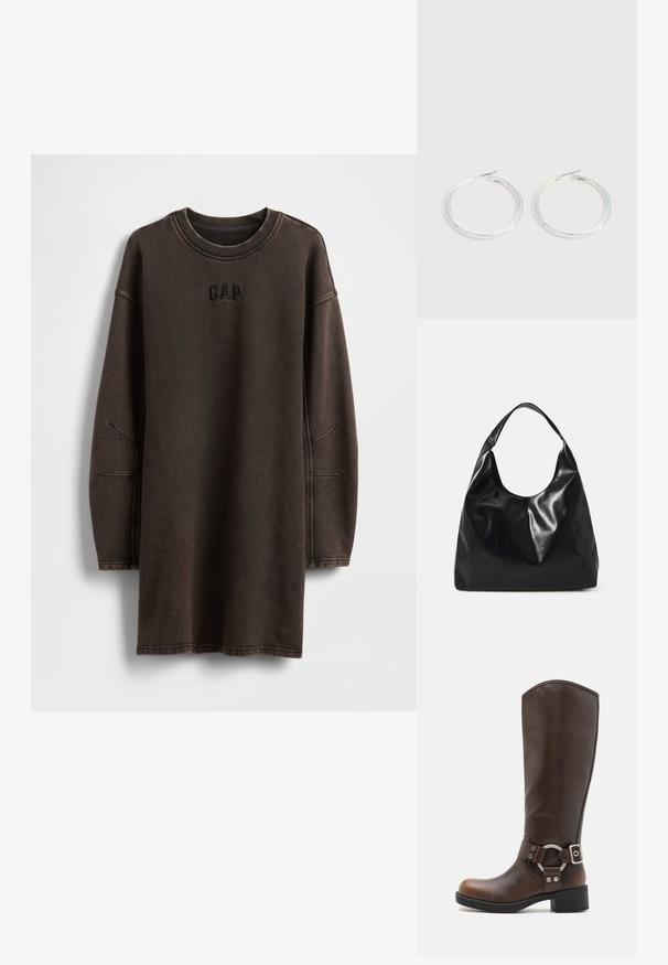 Robe sweat-shirt oversize marron en matière douce, avec un col rond et un logo "GAP" brodé sur la poitrine.; Botte en cuir marron hauteur genou avec un accent en métal rond et une boucle. Tige légèrement texturée, talon empilé et design à bout rond.; Sac hobo en cuir noir avec une texture douce et brillante et un haut ouvert arrondi. Dispose d'une large sangle courbée pour le transport. Pas de matériel visible.; Paire de boucles d'oreilles créoles argentées brillantes avec fermoirs en fil fin, présentée sur un fond gris clair.