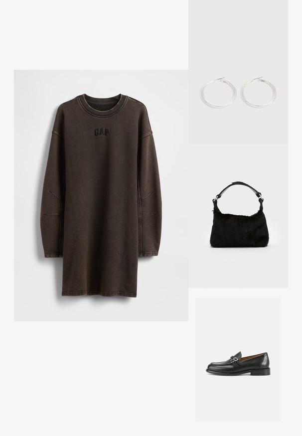 Brun oversized sweatshirt-kjole lavet af blødt materiale, med rund halsudskæring og broderet "GAP"-logo på brystet.; Sorte læderloafer med synligt sømdesign, der har en dobbelt spænde-detalje og en let forhøjet hæl for ekstra højde.; Sort faux fur håndtaske med en blød tekstur, rund form og en robust skulderrem i sort læder. Synlige sølvhardware-detaljer.; Par skinnende sølvøreringe med tynde trådlåse, vist på en lys grå baggrund.