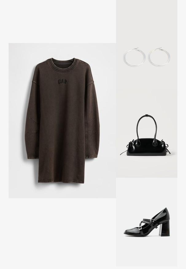 Brun oversized sweatshirt-kjole lavet af blødt materiale, med rund halsudskæring og broderet "GAP"-logo på brystet.; Skinnende sort Mary Jane-stilet med tre spænder og en kraftig blokhæl, vist i sideprofil mod en hvid baggrund.; Lille sort blank håndtaske med to lange håndtag og snøre-detaljer i siden på en ensfarvet lys baggrund.; Par skinnende sølvøreringe med tynde trådlåse, vist på en lys grå baggrund.