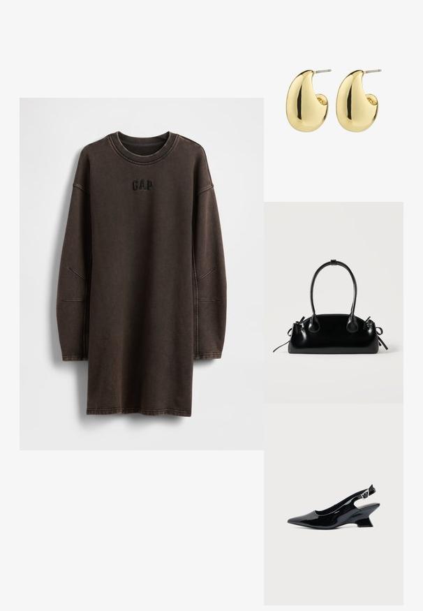 Robe sweat-shirt oversize marron en matière douce, avec un col rond et un logo "GAP" brodé sur la poitrine.; Chaussure slingback en cuir verni noir avec bout pointu et petit talon bloc incliné sur fond clair uni.; Petit sac à main noir brillant avec deux longues anses et des détails à cordon sur les côtés sur un fond clair uni.; Boucles d'oreilles en métal doré avec une surface lisse et polie, présentant une forme abstraite en goutte d'eau. Attache en tige métallique simple.