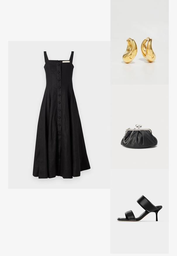 Vestido negro con tirantes gruesos, escote cuadrado y falda A-line completa. Cierre delantero de botones y tejido texturizado. Cremallera trasera visible.; Sandalia mule de cuero negro con dos tiras anchas y un tacón de aguja delgado de altura media sobre un fondo claro y sencillo.; Clutch de cuero negro con textura arrugada, marco de metal en tono plateado, cierre de beso y cadena para colgar. Superficie suave y lisa.; Pendientes de aro de oro con forma curva y suave, y acabado pulido. Presentan un mecanismo de cierre y ligeras indentaciones para un toque de detalle.