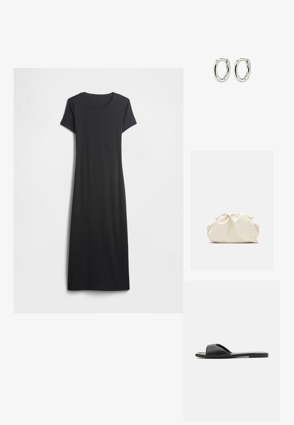 Schwarzes, kurzärmeliges Kleid mit rundem Ausschnitt, gefertigt aus weichem Stoff, mit einfacher, gerader Silhouette ohne zusätzliche Muster oder Details.; Schwarze Riemchensandalen bestehen aus einem glatten synthetischen Material, haben ein offenes Zehendesign und eine flache Sohle mit einem minimalen Akzentstreifen an der Seite.; Weiche, cremefarbene Leder-Clutch mit gerafftem Design und einem dünnen Schulterriemen, der vorne auf einem schlichten Hintergrund liegt.; Silberne Creolen mit einer glatten, glänzenden Oberfläche. Runde Form mit einem sicheren Verschluss. Minimalistisches Design mit einem subtilen Drehdetail.