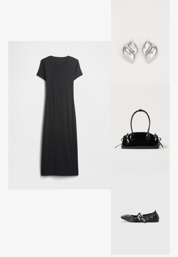 Schwarzes, kurzärmeliges Kleid mit rundem Ausschnitt, gefertigt aus weichem Stoff, mit einfacher, gerader Silhouette ohne zusätzliche Muster oder Details.; Schwarze Leder-Ballerinas mit spitzem Zehenbereich, gerafften Details am Schaft und einem silbernen Schnallenakzent am verstellbaren Riemen.; Kleine schwarze glänzende Handtasche mit zwei langen Griffen und seitlichen Kordelzug-Details vor einfachem hellem Hintergrund.; Silberne Ohrringe mit einer organischen, abstrakten Form. Glatte, glänzende Oberfläche mit einem konischen Design. Mit dezenten Kurven und einem zentralen Linienelement.