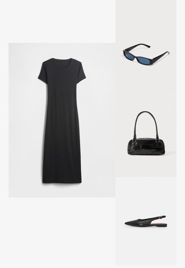 Mustast lühikeste varrukatega kleit, ümmarguse kaelusega, tehtud pehmest kangast, lihtsa sirge siluetiga, ilma täiendavate mustrite või detailideta.; Must musta slingback kingad terava ninaga, õrna läikega ja reguleeritava ankle strapiga. Lame konts ja pruun sisetald.; Mustad mustad mustade, elegantsest ristkülikukujulisest raamistikust ja sinistest objektiividest. Omab siledat tekstuuri ja tugevaid templeid. Kaubamärgi logo küljel.; Must must beebkott, millel on ristkülikuline kuju, ühekordne tahke käepide, hõbedased detailid ja lukuga sulgemine. Sile tekstuur.