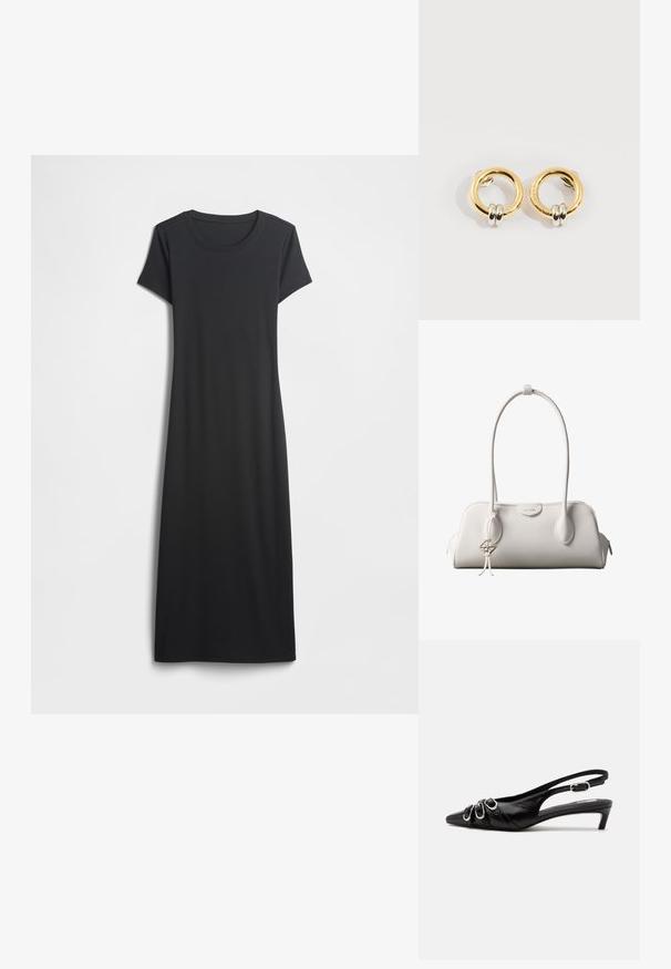 Schwarzes, kurzärmeliges Kleid mit rundem Ausschnitt, gefertigt aus weichem Stoff, mit einfacher, gerader Silhouette ohne zusätzliche Muster oder Details.; Schwarzer Lederslingback mit spitzer Spitze, drei silbernen Schnallen vorne und niedrigem Kittenabsatz auf weißem Hintergrund.; Weiße Calvin Klein Schultertasche mit langen Griffen, rechteckiger Form, Reißverschluss und dekorativem Logo-Anhänger, der in der Nähe des Griffs hängt.; Goldene runde Ohrringe mit jeweils zwei kleinen silbernen Ringen, die dezent gravierte Markennamen zeigen, vor weißem Hintergrund platziert.