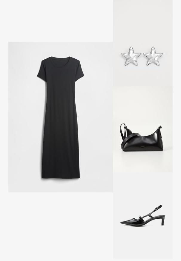 Schwarzes, kurzärmeliges Kleid mit rundem Ausschnitt, gefertigt aus weichem Stoff, mit einfacher, gerader Silhouette ohne zusätzliche Muster oder Details.; Schwarzer Slingback-Schuh aus Lackleder mit spitzer Kappe, niedrigem Absatz und zwei verstellbaren Schnallenriemen, seitlich dargestellt.; Schwarze lederne Handtasche mit glatter Textur. Verfügt über einen verstellbaren Riemen und ein elegantes, minimalistisches Design mit einem Reißverschluss.; Silberne sternförmige Ohrringe mit einer polierten, glänzenden Oberfläche. Jeder Ohrring hat fünf Spitzen und dezente Oberflächentexturdetails.