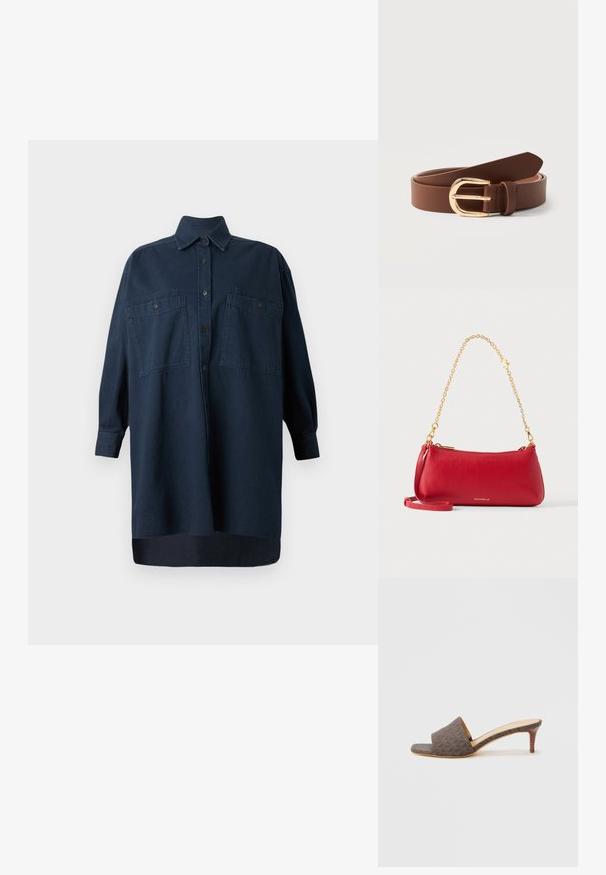 CLOSED Robe chemise - dark blue; Sandale à talon haut à enfiler de couleur brune à motif, avec une large bride, un bout ouvert et un talon aiguille mince. Tige en tissu texturé et semelle intérieure lisse.; Sac à épaule en cuir texturé rouge avec bandoulière chaîne en or, fermeture éclair et petit logo doré « Coccinelle » au centre devant.; Ceinture en cuir marron avec boucle dorée arrondie, roulée et posée sur une surface blanche.