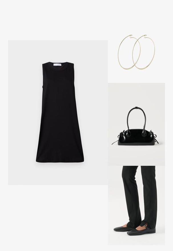 Schwarzes ärmelloses Kleid mit Rundhalsausschnitt, A-Linien-Form, aus glattem Material gefertigt und mit einem einfachen, schlichten Design.; Beine in schwarzen schmalen Hosen mit vorderen Schlitzen am Saum, kombiniert mit schwarzen flachen Mary-Jane-Schuhen mit kleinem Schnallenriemen.; Kleine schwarze glänzende Handtasche mit zwei langen Griffen und seitlichen Kordelzug-Details vor einfachem hellem Hintergrund.; Pilgrim Ohrringe - gold-coloured