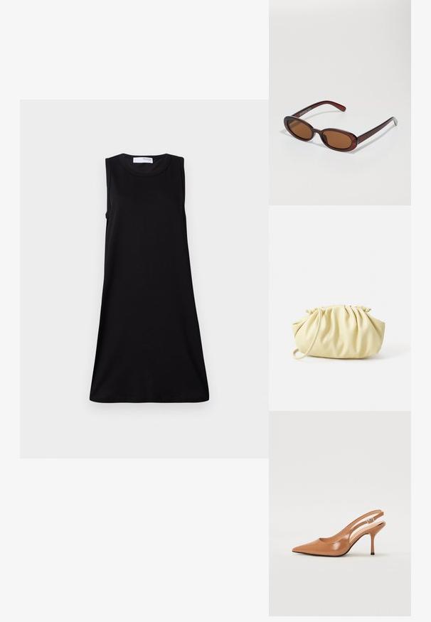 Schwarzes ärmelloses Kleid mit Rundhalsausschnitt, A-Linien-Form, aus glattem Material gefertigt und mit einem einfachen, schlichten Design.; Spitz zulaufender Slingback-Absatz aus einem glatten, glänzenden, tanfarbenen Material. Mit einem geschwungenen Ausschnitt-Design und einem schlanken Stiletto-Absatz. Silberne Schnallendetails.; Runde, braun getönte Sonnenbrillen mit einem glänzenden burgunderfarbenen Rahmen. Schlanke Bügel mit dezentem Branding. Flaches Linsendesign.; Gelbe, gefaltete Handtasche aus glattem Kunstleder mit weicher Form, einzigem Schulterriemen und gerafftem Oberteil.