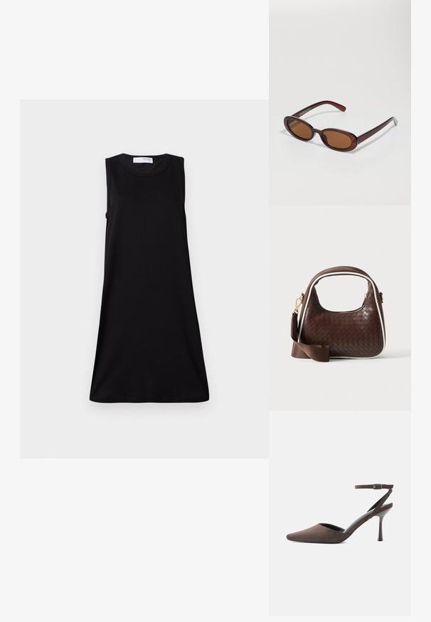 Vestido negro sin mangas con escote redondo, en forma de A, hecho de material suave, que presenta un diseño simple y sin adornos.; Zapato de tacón alto de ante marrón con punta afilada, correa fina en el tobillo y hebilla plateada sobre fondo blanco.; Gafas de sol redondas con tinte marrón y un marco burdeos brillante. Patillas delgadas con un sutil detalle de marca. Diseño de lentes planos.; Bolso de mano de piel trenzada marrón con ribete blanco, cremallera dorada y correa de hombro de tela marrón desmontable.
