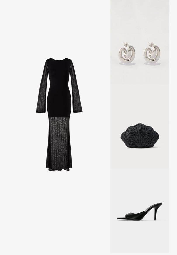 Schwarzes langärmeliges Kleid mit tailliertem Oberteil und transparenten, strukturierten Ärmeln. Fließender, teilweise transparenter Rock mit plissierter Gestaltung am Saum.; Schwarzer Leder-Pantolette mit offenem Zehenbereich und hohem, schlankem Stiletto-Absatz, im Seitenprofil vor neutralem Hintergrund gezeigt.; Schwarze Korbtasche in Muschelform mit gebogenem Oberteil und gewebter Textur auf einfarbigem Hintergrund.; Silberne Metallearrings mit einem gewellten Design, die glatte Oberflächen und ein poliertes Finish aufweisen und mit einem Schmetterlingsverschluss gesichert sind.