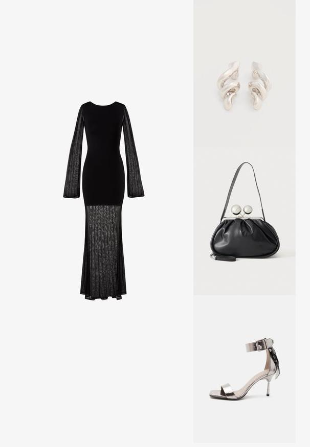 Schwarzes langärmeliges Kleid mit tailliertem Oberteil und transparenten, strukturierten Ärmeln. Fließender, teilweise transparenter Rock mit plissierter Gestaltung am Saum.; Metallic silberne offene High-Heel-Sandalette mit Knöchelriemen und Schnalle, verziert mit einer dekorativen Schleife hinten.; Schwarze Ledertasche mit gerafftem Design, einem einzelnen Riemen, silbernem Metallrahmen und zwei großen runden silbernen Verschlüssen.; Verdrehte silberne Metall-Clip-Ohrringe mit glatt glänzender Oberfläche, die ein modernes, abstraktes Spiraldetail zeigen.
