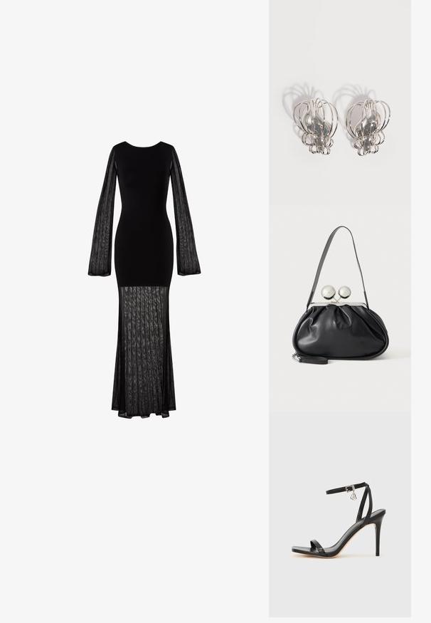 Robe noire à manches longues avec un corsage ajusté et des manches transparentes et texturées. Jupe fluide et partiellement transparente avec un design plissé au bas.; Sandale à talon haut noire avec une bride étroite à la cheville, bout carré, cuir lisse et accent de boucle métallique.; Sac à main en cuir noir avec un design plissé, une sangle unique, un cadre métallique argenté et deux grandes fermoirs ronds en argent.; Paire de boucles d'oreilles en métal argenté avec un design en cage à fil ouvert et des formes ovales centrales lisses projetant des ombres courbes sur un fond blanc.