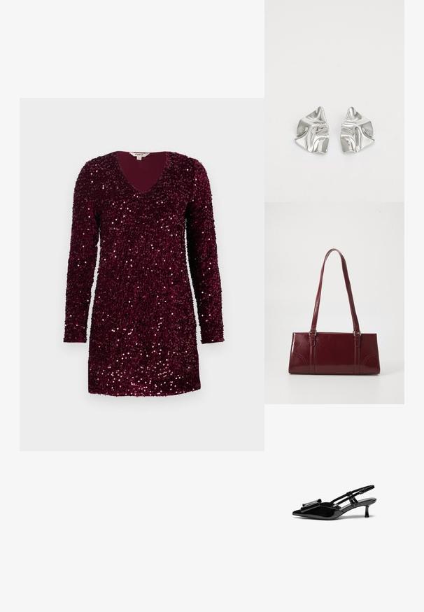 Robe mini à manches longues de couleur bourgogne profonde, recouverte de sequins brillants, avec un décolleté en V et un ourlet droit.; Talons aiguilles en cuir verni noir avec un bout pointu, un détail en nœud à l'avant et un petit talon stiletto. Les brides sont équipées de boucles ajustables.; Sac à main bordeaux en matériau brillant, de forme rectangulaire, avec deux anses et des accents légèrement courbés à l'avant.; Boucles d'oreilles en métal argenté avec un design ondulé et sculptural, présentant une finition polie et des formes irrégulières, mettant en valeur une esthétique contemporaine.