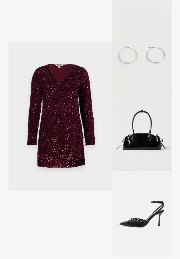 Robe mini à manches longues de couleur bourgogne profonde, recouverte de sequins brillants, avec un décolleté en V et un ourlet droit.; Chaussure à talon haut noire à bout pointu, bords festonnés, œillets métalliques, lacets à l'avant et bride de cheville avec fermeture à boucle.; Petit sac à main noir brillant avec deux longues anses et des détails à cordon sur les côtés sur un fond clair uni.; Boucles d’oreilles créoles en métal argenté avec une surface lisse légèrement incurvée et des fermoirs à clapet sur un fond blanc uni.
