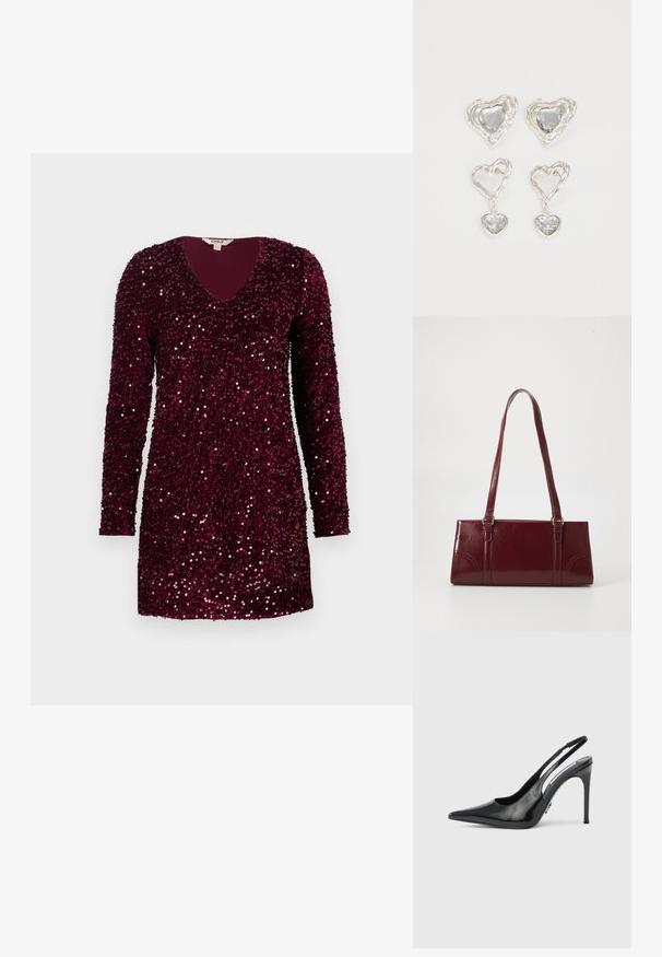 Robe mini à manches longues de couleur bourgogne profonde, recouverte de sequins brillants, avec un décolleté en V et un ourlet droit.; Escarpin noir en cuir verni à bride arrière, talon haut, bout pointu, côtés découpés et talon fin. Finition brillante avec des détails matériels minimaux.; Sac à main bordeaux en matériau brillant, de forme rectangulaire, avec deux anses et des accents légèrement courbés à l'avant.; Des boucles d'oreilles en argent en forme de cœur présentent des pierres claires facettées, avec un cadre texturé. L'ensemble comprend des styles à clou et des styles pendants.