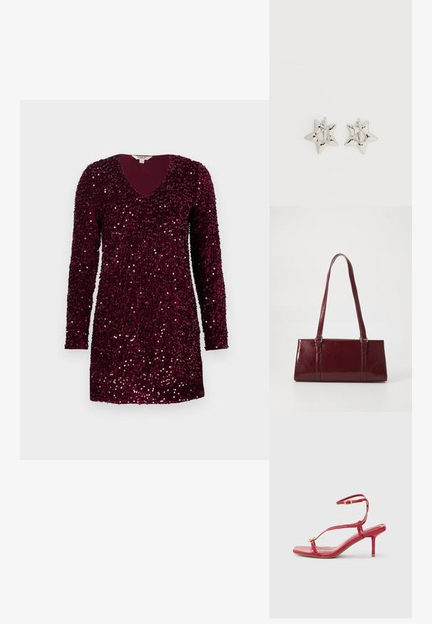 Robe mini à manches longues de couleur bourgogne profonde, recouverte de sequins brillants, avec un décolleté en V et un ourlet droit.; Sandale rouge à talons hauts avec brides, boucle à la cheville, bout carré ouvert, et petit détail décoratif doré sur la bride avant.; Sac à main bordeaux en matériau brillant, de forme rectangulaire, avec deux anses et des accents légèrement courbés à l'avant.; Boucles d’oreilles créoles en forme d’étoile argentée avec une finition lisse et polie sur un fond blanc uni.