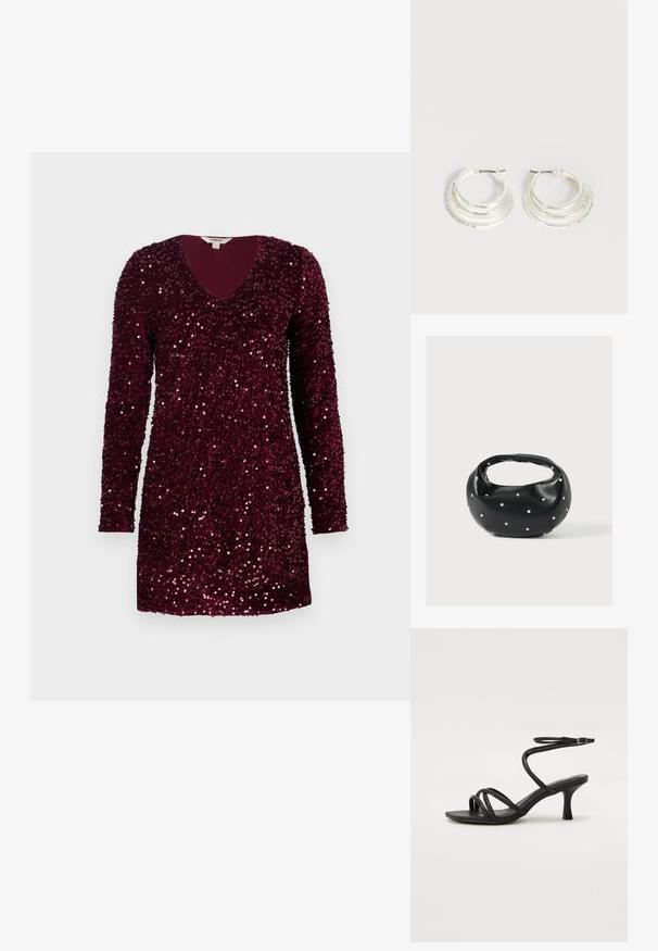 Robe mini à manches longues de couleur bourgogne profonde, recouverte de sequins brillants, avec un décolleté en V et un ourlet droit.; Even&Odd Wide Fit by Zalando Sandales - black; Sac à main en cuir noir de forme arrondie, décoré de clous argentés et équipé d'une poignée courte. Texture lisse et fermeture éclair.; Boucles d'oreilles créoles en argent avec trois bandes semi-circulaires superposées, dont une ornée de petits cristaux clairs sur un fond clair.
