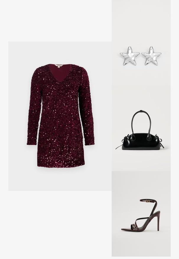 Robe mini à manches longues de couleur bourgogne profonde, recouverte de sequins brillants, avec un décolleté en V et un ourlet droit.; Sandale à talons hauts en cuir verni bourgogne avec une bride de cheville, bout pointu et trois bandes horizontales sur le pied. Détail de boucle dorée.; Petit sac à main noir brillant avec deux longues anses et des détails à cordon sur les côtés sur un fond clair uni.; Boucles d'oreilles argentées en forme d'étoile, avec une surface lisse et brillante. Chaque boucle d'oreille possède cinq pointes et des détails subtils de texture de surface.