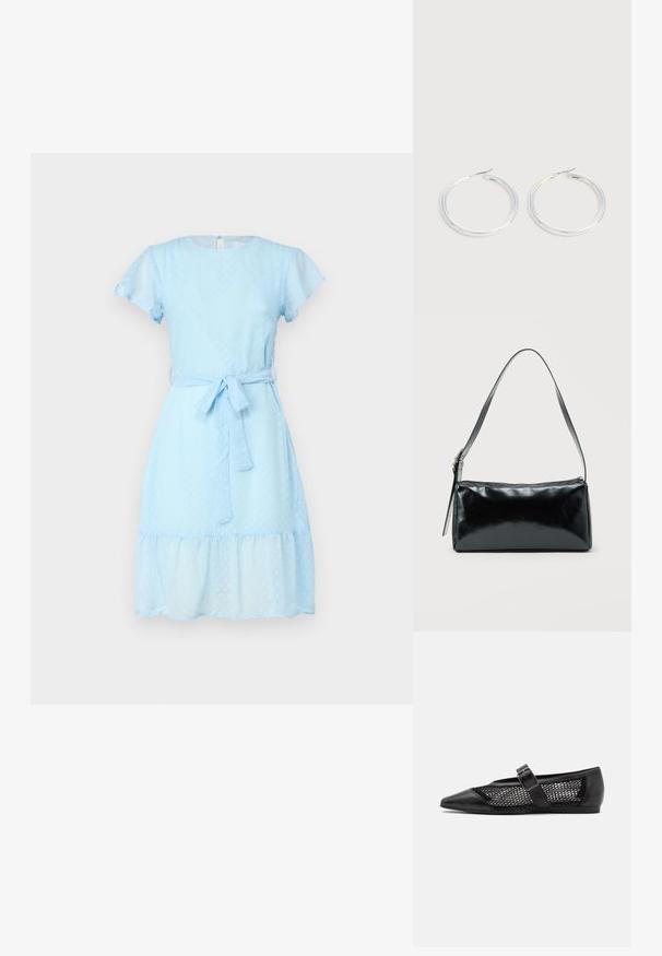 VILA VIMALIANA O NECK DRESS - Φόρεμα ημέρας - kentucky blue; Μαύρο επίπεδο παπούτσι με μυτερή μύτη, πλάγιες πάνελ από δίχτυ και λουράκι με λεπτομέρεια από αγκράφα. Λείος φινίρισμα στη μύτη και τις φτέρνες.; Μαύρη ορθογώνια τσάντα ώμου με έναν ρυθμιζόμενο ιμάντα και κλείσιμο με φερμουάρ στην κορυφή σε μονόχρωμο φόντο.; Ζεύγος λαμπερών ασημένιων κρίκων με λεπτές σύρμα σφραγίδες, παρουσιασμένα σε ανοιχτό γκρι φόντο.