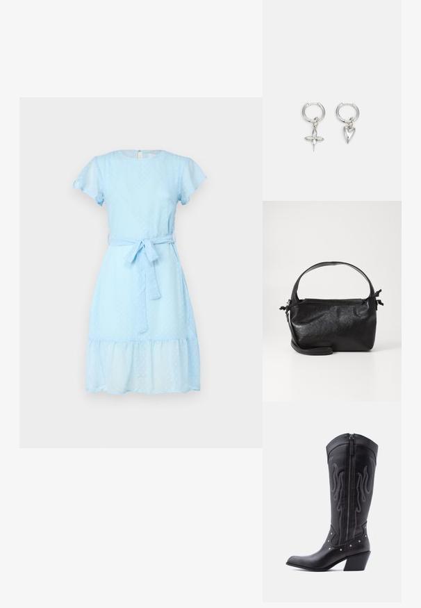 VILA VIMALIANA O NECK DRESS - Φόρεμα ημέρας - kentucky blue; Μαύρα δερμάτινα καουμπόικα μποτάκια με μυτερή μύτη, εμφανείς ραφές, ασημένιες τρούκ λεπτώσεις και φερμουάρ στο εσωτερικό μέρος.; Μαύρη δερμάτινη τσάντα με δομικό σχέδιο, στρογγυλή λαβή από πάνω και αποσπώμενο λουρί ώμου. Διαθέτει λεία υφή και διακριτική γυαλάδα.; Ασημένες κρίκοι σκουλαρίκια που περιλαμβάνουν ένα charm σε σχήμα σταυρού και καρδιάς. Λείο, γυαλιστερό υφή με γυαλισμένη φινίρισμα. Κάθε charm κρέμεται από έναν ασφαλή βρόχο.