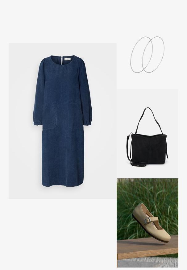 Vestido de pana azul marino con mangas largas abullonadas, escote redondo, dos bolsillos delanteros y una abertura en la parte posterior en forma de llave. Tejido suave y texturizado.; Zapato tipo Mary Jane color beige con hebilla plateada flotando sobre un banco de madera, con hierba alta verde desenfocada en el fondo.; Bolso tote de ante negro con una textura suave, que cuenta con una sola correa para el hombro y una correa cruzada desmontable. Diseño abierto y no estructurado.; Pendientes de aro plateados con un diseño minimalista. Forma circular, textura suave y perfil delgado. Livianos con un acabado pulido.