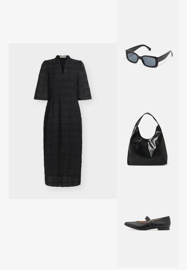 Schwarzes, knieumspielendes Kleid aus leichtem, strukturiertem Stoff mit Karomuster, ausgestattet mit kurzen Puffärmeln und einem Ausschnitt mit Schlitz.; Schwarzer Leder-Mary-Jane-Schuh im Stil mit spitzem Fuß, zwei Riemen mit Schnallen, niedrigem Absatz und glatter Textur. Für ein formelles Erscheinungsbild entworfen.; Schwarze rechteckige Sonnenbrille mit dunkel getönten Gläsern, dickem Kunstrahmen und breiten Bügeln. Glatte Oberfläche und kantiges Design.; Schwarze Leder-Hobo-Tasche mit einer weichen, glänzenden Textur und einem runden, offenen Oberteil. Verfügt über einen breiten, gebogenen Tragegurt. Keine sichtbaren Beschläge.