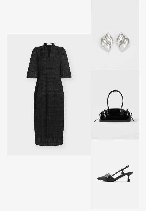 Schwarzes, knieumspielendes Kleid aus leichtem, strukturiertem Stoff mit Karomuster, ausgestattet mit kurzen Puffärmeln und einem Ausschnitt mit Schlitz.; Simmi London DALA - Pumps - black; Kleine schwarze glänzende Handtasche mit zwei langen Griffen und seitlichen Kordelzug-Details vor einfachem hellem Hintergrund.; Silberne Ohrringe mit einer organischen, abstrakten Form. Glatte, glänzende Oberfläche mit einem konischen Design. Mit dezenten Kurven und einem zentralen Linienelement.