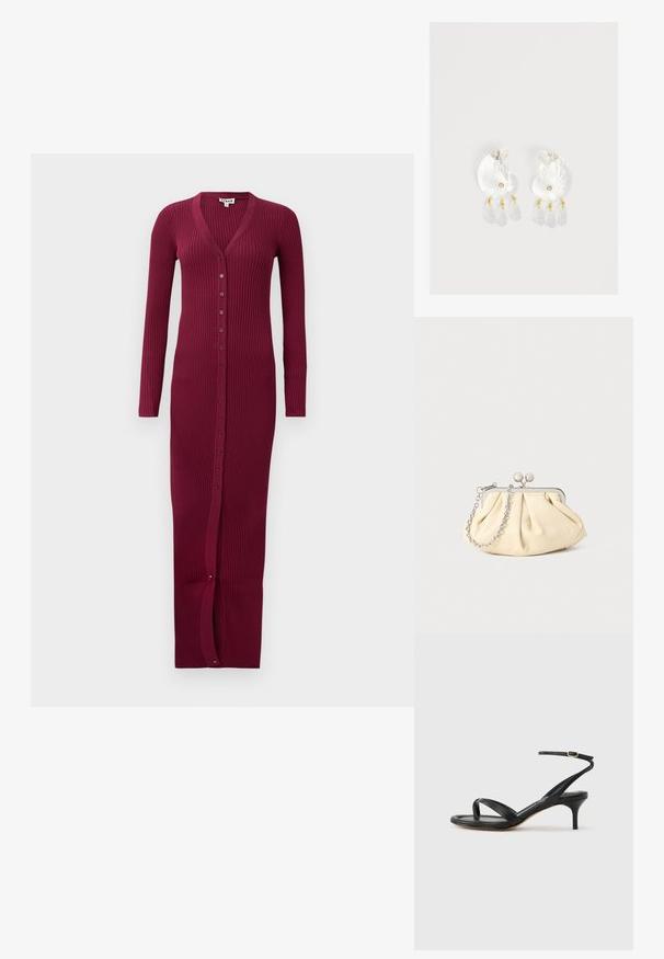Cardigan long bordeaux à côtes avec un col en V, des manches longues et une fermeture à boutons sur le devant. Présente une fente au niveau de l'ourlet pour faciliter le mouvement.; Sandale pour femme en cuir noir avec fines lanières, une boucle d'orteil, une boucle à la cheville et un talon aiguille de hauteur moyenne sur un fond neutre.; Pochette en cuir beige plissé avec un cadre en métal argenté, dotée de deux fermoirs ronds décoratifs et d'une chaîne en argent.; Boucles d'oreilles en résine transparente en forme de coquillage avec de petits accents dorés et trois breloques translucides en forme de goutte pendantes sur chaque boucle d'oreille.