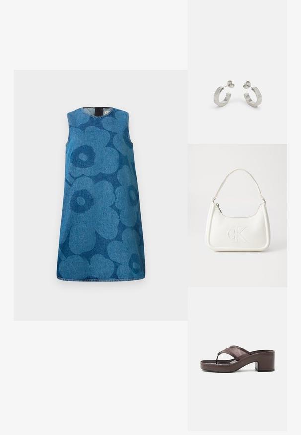 Vestido de mezclilla sin mangas con un patrón de flores en diferentes tonos de azul. Presenta un escote redondo y un corte recto.; Sandalia marrón con tacón, banda de malla y diseño de tira, con tacón cuadrado y suela cosida, mostrada de perfil sobre fondo blanco.; Bolso de mano de cuero blanco con forma curvada, con un logo "CK" en relieve en la parte delantera y una sola correa para el hombro. Cierre de cremallera en la parte superior.; Pendientes aros de metal plateado con un diseño texturizado, que cuentan con un pequeño respaldo de clip y una marca en uno de los aros. Forma redondeada con un acabado pulido.