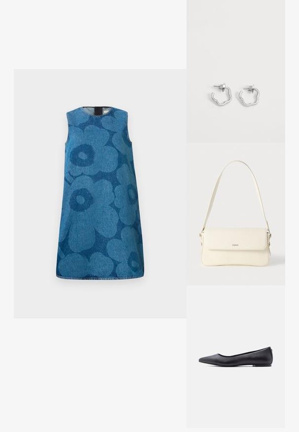 Vestido de mezclilla sin mangas con un patrón de flores en diferentes tonos de azul. Presenta un escote redondo y un corte recto.; Zapato plano de cuero negro con punta puntiaguda y tacón bajo, mostrado de perfil contra un fondo blanco.; Bolso de hombro de cuero color crema con cierre de solapa, herrajes plateados, una sola correa ajustable y detalles sutiles con el logo.; Par de pequeños pendientes de aro de plata con formas onduladas irregulares y cierre de presión sobre fondo blanco liso.