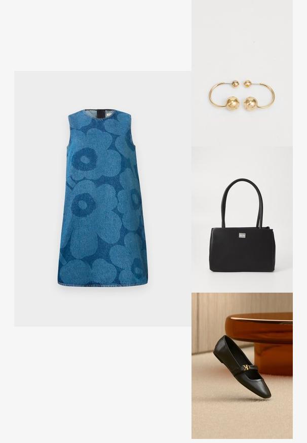 Vestido de mezclilla sin mangas con un patrón de flores en diferentes tonos de azul. Presenta un escote redondo y un corte recto.; Zapato plano de cuero negro con puntera puntiaguda y logo dorado de CK en la correa, colocado sobre una alfombra beige cerca de una mesa redonda marrón ámbar.; Bolso tote negro hecho de material sintético suave, con dos asas largas y forma rectangular. Acento de logo plateado en la parte frontal.; Pendientes de metal en tono dorado con un diseño circular que presenta dos esferas, una más grande y texturizada, y una bola pulida más pequeña en la parte superior.