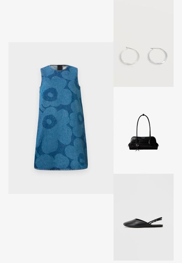 Udenærmet denimkjole med et blomstermønster i forskellige nuancer af blå. Har en rund halsudskæring og en lige pasform.; Sorte læderslippers med spids tå, buet design og justerbar spænde. Glat tekstur, flad sål, minimalistisk detaljering.; Sort skuldertaske i krokodillelæder med lange stropper og lille sølvlogo-charm på den ene strop.; Sølvfarvede metaloorringe med glat, let buet overflade og låsemekanisme på en ensfarvet hvid baggrund.