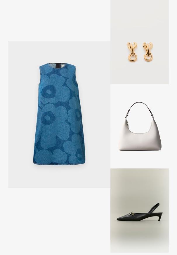 Mouwloze denim jurk met een bloemenpatroon in verschillende tinten blauw. Heeft een ronde halslijn en een rechte snit.; Zwarte lederen slingback kitten heel met puntige neus en klein gouden gespsluiting op een effen achtergrond.; Romige Calvin Klein leren schoudertas met gebogen bovenrand, zilveren rits en donkerbruine verstelbare riem.; Een paar glanzende oorringen in goudkleur met een lusvormige, gedraaide en verstrengelde ontwerp, afgebeeld op een eenvoudige witte achtergrond.
