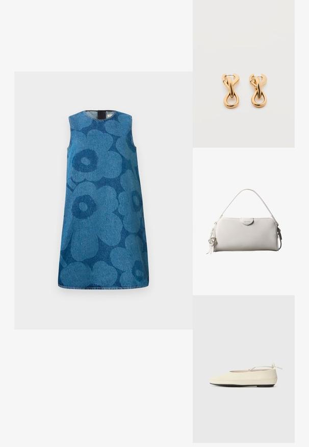 Robe en denim sans manches avec un motif floral dans des nuances variées de bleu. Présente un col rond et une coupe droite.; Des chaussures plates de couleur crème avec un bout arrondi, une sangle à la cheville et une semelle en caoutchouc noir contrastante. Matériau lisse avec un detailing minimal.; Sac à main rectangulaire blanc Calvin Klein avec une seule poignée, design minimaliste et pampilles décoratives avec un charm métallique géométrique sur le côté.; Paire de boucles d'oreilles créoles en bouclettes dorées brillantes sur fond blanc uni, présentant un design torsadé entrelacé.