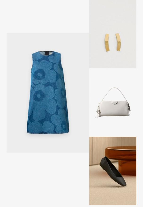 Udenærmet denimkjole med et blomstermønster i forskellige nuancer af blå. Har en rund halsudskæring og en lige pasform.; Sort spids flad sko, der hviler på en beige tæppe nær et rundt ravfarvet bord i en minimalistisk rumindretning.; Hvid rektangulær Calvin Klein håndtaske med enkelt håndtag, minimalistisk design og dekorative kvaster med geometrisk metalvedhæng på siden.; Guldtonede metaløreringe med et bøjet, langstrakt design. Overfladen er glat og poleret med en minimalistisk stil.