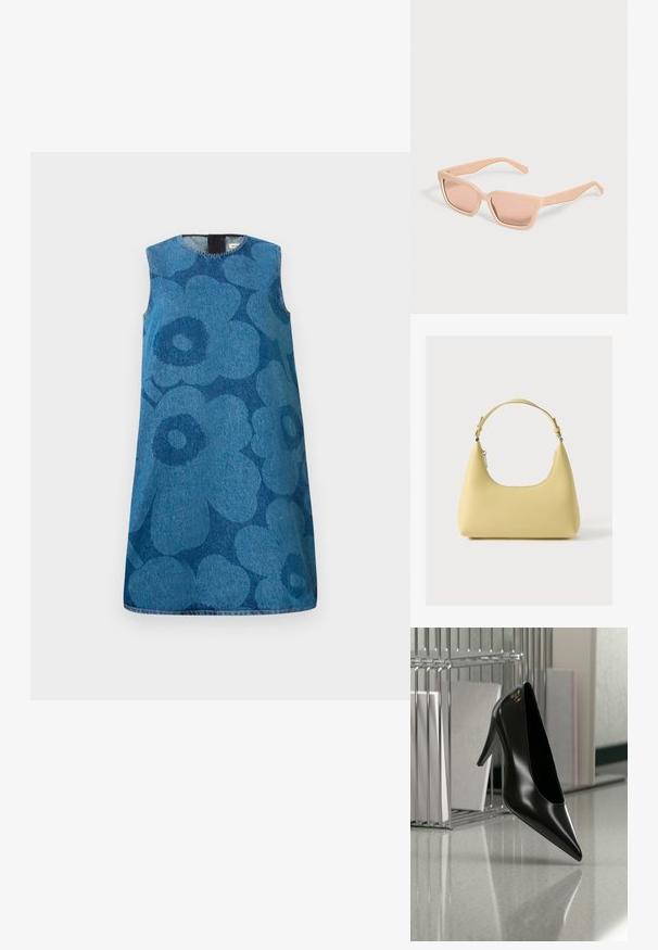 Mouwloze denim jurk met een bloemenpatroon in verschillende tinten blauw. Heeft een ronde halslijn en een rechte snit.; Zwart hooggehakt schoen met puntige neus en gouden logo, geplaatst op een reflecterend oppervlak naast een verchroomde draadordner met documenten.; Rechthoekige lichtperzikkleurige zonnebril met dikke monturen en bijpassende getinte glazen op een effen lichte achtergrond.; Gele leren handtas met een gebogen silhouet, korte verstelbare band en een vak met ritssluiting. Heeft een subtiel logo aan de voorkant.