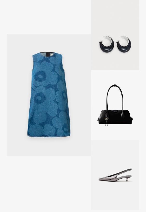 Robe en denim sans manches avec un motif floral dans des nuances variées de bleu. Présente un col rond et une coupe droite.; Chaussure slingback gris métallique à bout pointu, petit talon kitten et bride réglable sur fond blanc.; Sac à main en cuir noir Calvin Klein avec de longues anses, une étiquette logo à l'avant et un charme géométrique argenté suspendu à une anse.; Boucles d'oreilles en résine noire avec une finition brillante et des accents en métal argenté. Forme circulaire avec une découpe et une fermeture à tige.