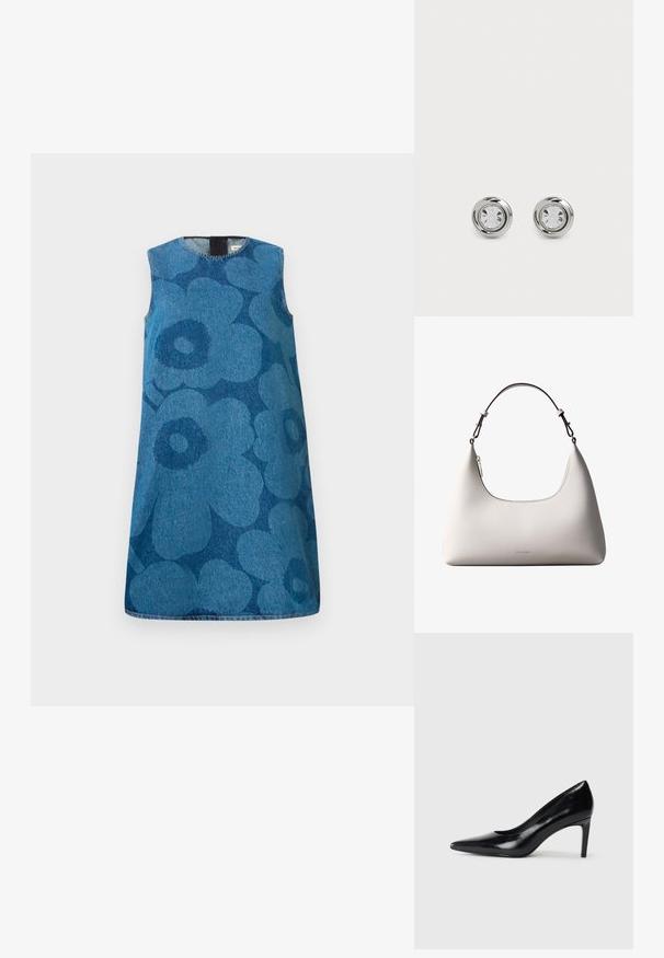 Robe en denim sans manches avec un motif floral dans des nuances variées de bleu. Présente un col rond et une coupe droite.; Chaussure à talon haut en cuir noir avec un bout pointu, texture lisse et un talon effilé. Design minimaliste, sans embellissements supplémentaires.; Sac à bandoulière en cuir couleur crème de Calvin Klein avec bord supérieur incurvé, fermeture éclair argentée et sangle ajustable brun foncé.; Boucles d'oreilles en métal argenté avec des cristaux ronds et transparents, présentant une finition lisse et polie ainsi qu'un design circulaire avec des bords légèrement surélevés.