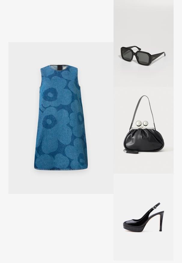 Vestido de mezclilla sin mangas con un patrón de flores en diferentes tonos de azul. Presenta un escote redondo y un corte recto.; Zapato de plataforma con tacón alto, de charol negro, con tira trasera y hebilla plateada, puntera redondeada, mostrado de perfil sobre un fondo blanco.; Gafas de sol negras cuadradas con montura gruesa, lentes oscuros y el logo en dorado de "Chloé" en el lateral. Textura suave con un diseño angular.; Bolso de mano de cuero negro con diseño fruncido, una sola correa, marco metálico plateado y dos cierres grandes redondos de plata.