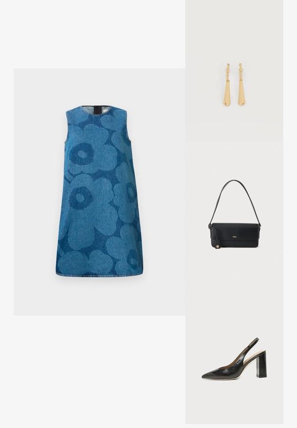 Udenærmet denimkjole med et blomstermønster i forskellige nuancer af blå. Har en rund halsudskæring og en lige pasform.; Sort læder peep-toe slingback sko med høj blokhæl og beige indvendig foring mod en ensfarvet lys baggrund.; Sort skuldertaske i læder med guld "BOSS" logo foran og et lille guldemblem, der hænger fra den side stroppen.; Øreringe i guldfarvet metal med glatte, aflangt dråbeformede vedhæng, der hænger fra små creol-låse på en hvid baggrund.