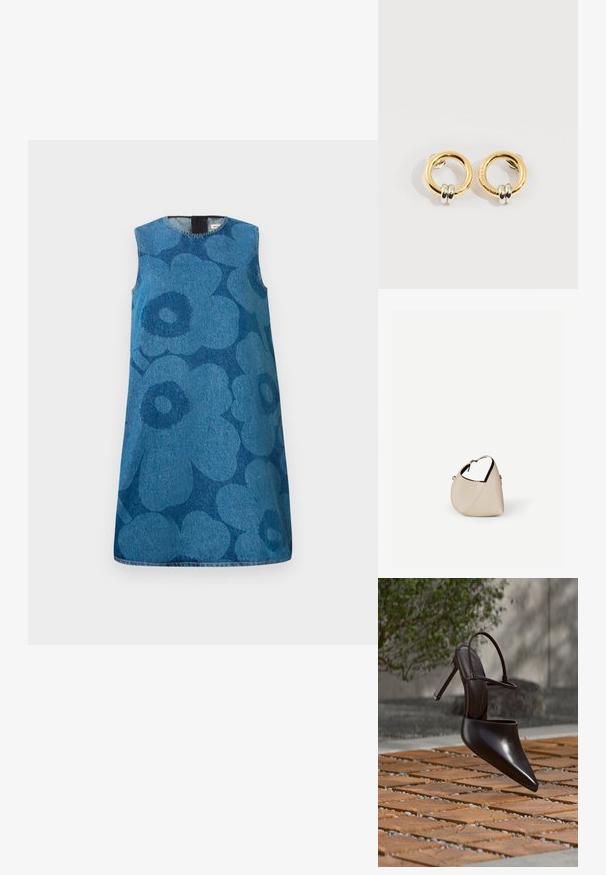 Vestido de mezclilla sin mangas con un patrón de flores en diferentes tonos de azul. Presenta un escote redondo y un corte recto.; Zueco negro brillante de tacón alto con puntera puntiaguda y correa en el tobillo, suspendido sobre una superficie de baldosas de terracota con espacios de grava.; Bolso de cuero beige en forma de media luna con una sola correa para el hombro y costuras mínimas, colocado sobre un fondo blanco liso.; Pendientes circulares de oro con dos pequeños anillos de plata en cada uno, que muestran detalles sutiles del nombre de la marca grabado, colocados sobre un fondo blanco.
