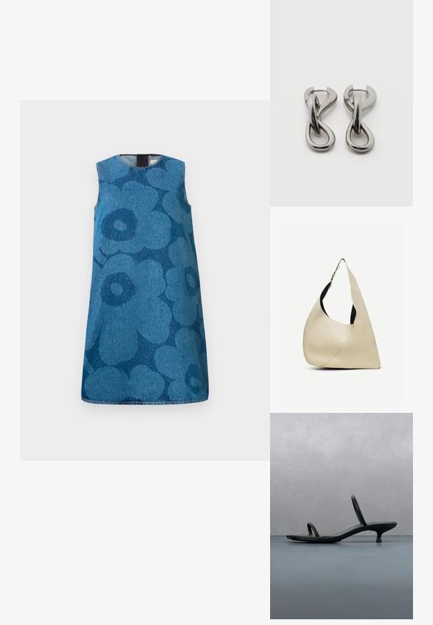 Robe en denim sans manches avec un motif floral dans des nuances variées de bleu. Présente un col rond et une coupe droite.; Sandale à talon Calvin Klein noire avec des lanières fines, posée sur des carreaux en bois en plein air près d'un mur et de la verdure.; Sac à bandoulière en cuir lisse couleur crème, de forme triangulaire arrondie, avec une sangle réglable et une boucle en argent.; Paire de boucles d'oreilles en métal argenté avec un motif abstrait d'anneaux entrelacés sur fond blanc.