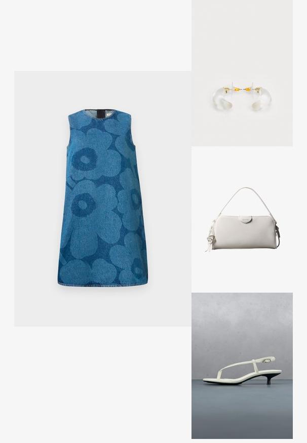 Robe en denim sans manches avec un motif floral dans des nuances variées de bleu. Présente un col rond et une coupe droite.; Sandale blanche à talon kitten avec des lanières et un bout pointu, flottant au-dessus d'un sol en carrelage en bois en plein air avec un arrière-plan flou de plante et de mur.; Sac à main rectangulaire blanc Calvin Klein avec une seule poignée, design minimaliste et pampilles décoratives avec un charm métallique géométrique sur le côté.; Boucles d'oreilles en acrylique transparent avec accents dorés, présentant un design incurvé et un fermoir transparent. Texture lisse, style minimaliste.