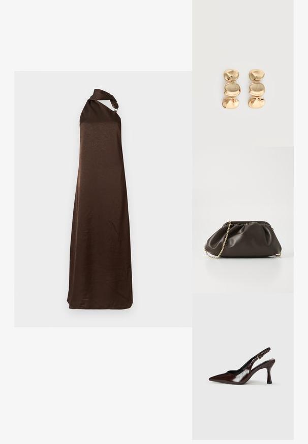 Braunes, langes, ärmelloses Kleid mit einem einzigen Schulterträger. Hat eine glatte Textur und ein minimalistisches Design. Keine sichtbaren Muster oder Beschläge.; Braune lackleder Slingback-Absätze mit spitzem Zehen, einem dünnen Absatz und einem verstellbaren Riemen mit einer kleinen Schnalle.; Braune Lederhandtasche mit gerafftem Design, goldenen Kettenriemen und weicher, strukturierter Oberfläche. Kompakte Form, die sich für den abendlichen Gebrauch eignet.; Ohrhänger in Goldoptik mit drei unregelmäßigen, glatten, abgerundeten Segmenten, die vertikal auf einem schlichten, hellen Hintergrund gestapelt sind.