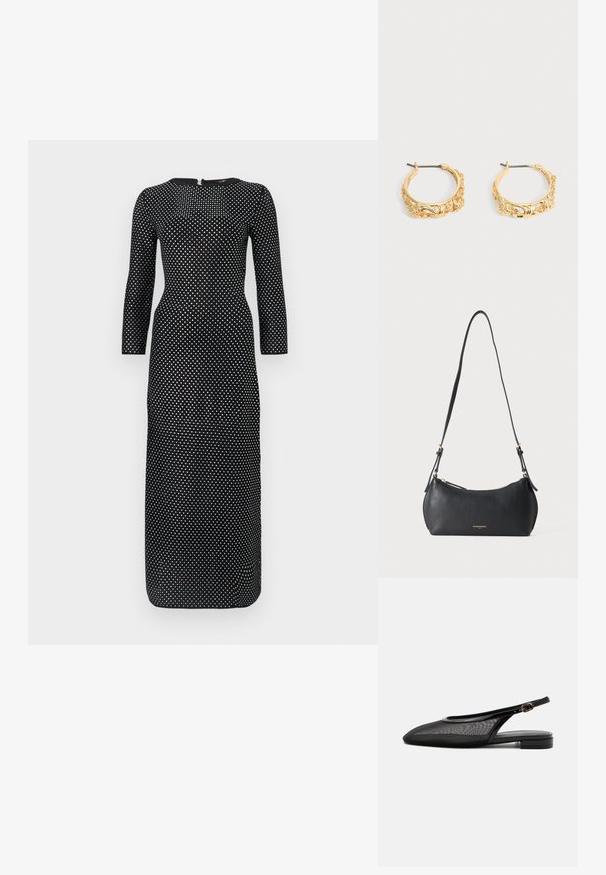 Sort kjole med lange ærmer og rund halsudskæring, prydet med et hvidt prikmønster over det hele og en skjult lynlås bagpå.; Sort slingback flad sko med spids tå, mesh overdel, justerbar spænde rem og lav stablet hæl på hvid baggrund.; Lille sort læder skuldertaske med justerbar rem og gyldent lynlås, med subtilt gyldent brandtekst foran.; Par af øreringe i guldfarve med udsmykket blomster- og bladprægning på en neutral baggrund.