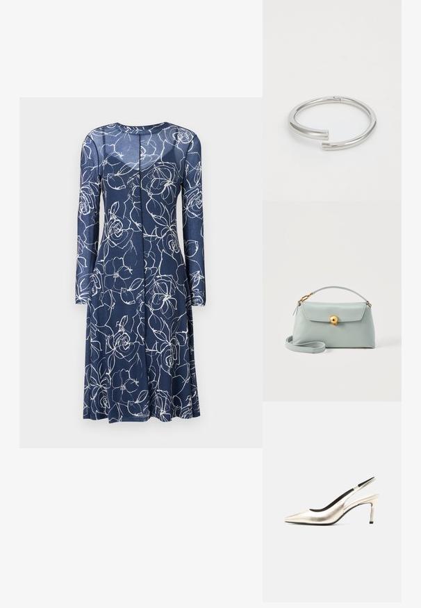 Mørkeblå kjole med lange ærmer, prydet med hvide blomster mønstre. Den er lavet af blødt stof, har en rund halsudskæring og en udvidet nederste kant.; Metallisk guld peep-toe slingback sko med midt-højde stilet-hæl og sort indre foring på hvid baggrund.; Lyseblå læder skuldertaske med gyldent lås, kort håndtag og aftagelig lang rem på en hvid baggrund.; Calvin Klein SPIRAL - Armbånd - silver-coloured