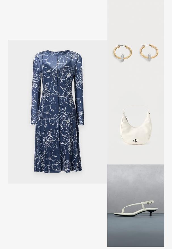 Navyblauwe jurk met lange mouwen, voorzien van witte bloemenpatronen. Gemaakt van zachte stof, heeft het een ronde halslijn en een vloeiende zoom.; Witte sandaal met smalle bandjes en kitten heel, met een spitse neus, zwevend boven een houten tegelvloer buiten, met op de achtergrond een wazige plant en muur.; Kleine witte handtas in de vorm van een halve maan met een kort hengsel, ritssluiting en zwart "cK" logo aan de voorkant.; Paar goudkleurige creolen met kleine zilverkleurige lusdetail op elk, weergegeven tegen een lichtgrijze achtergrond.